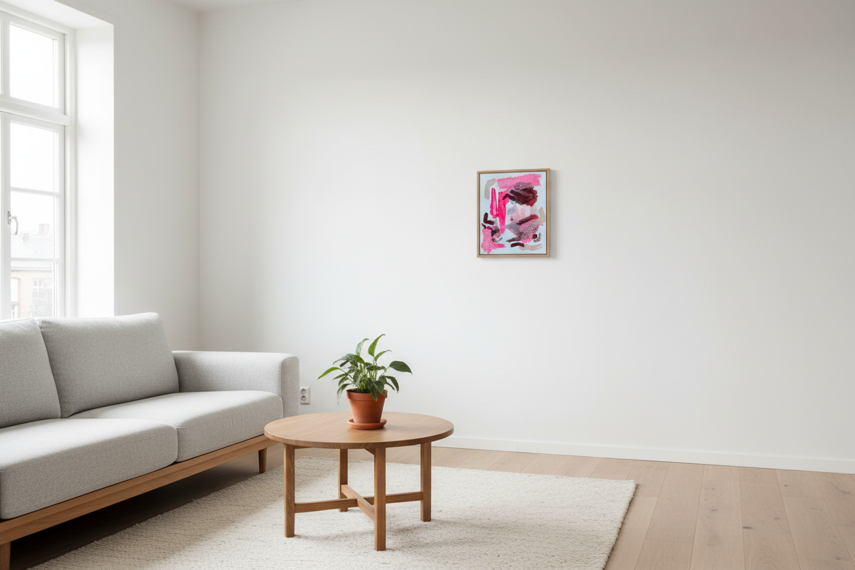 Abstract painting in oak floating frame